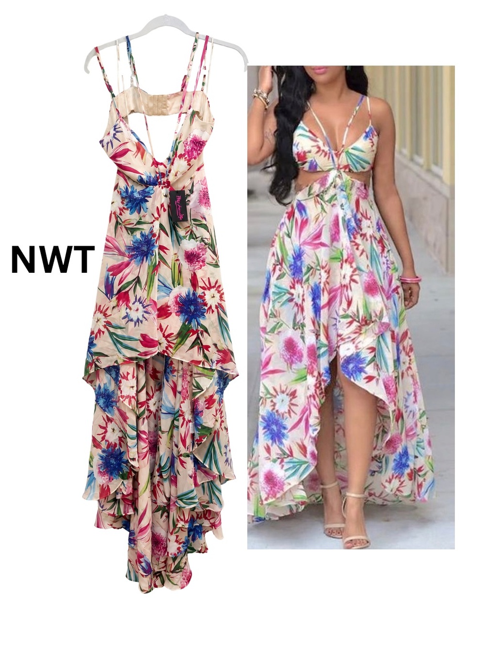New with Tags Hot Miami Styles Floral High-Low Cutout Maxi Dress - Pink Multi